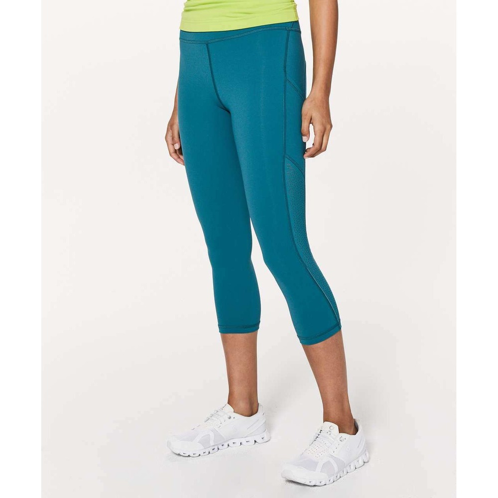 Lululemon Ready To Race Teal Green Laser Cut Mesh High Rise Pocket Cropped Sz 9